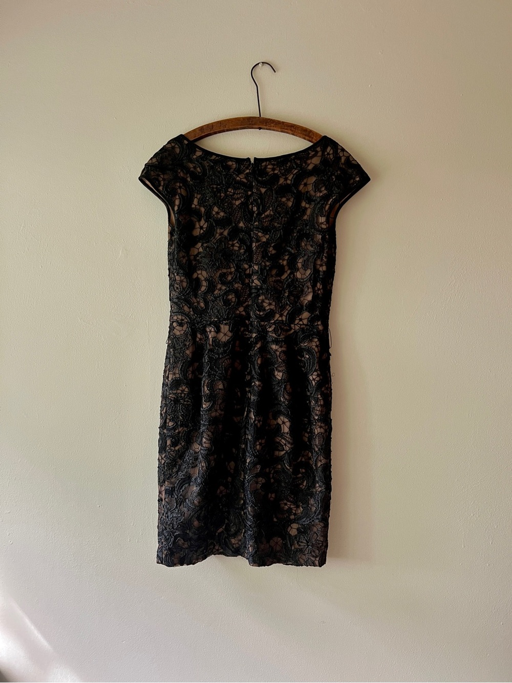 Vintage 80s Tadashi Shoji Black Lace Midi Dress with Nude Underlay - Picture 3 of 7